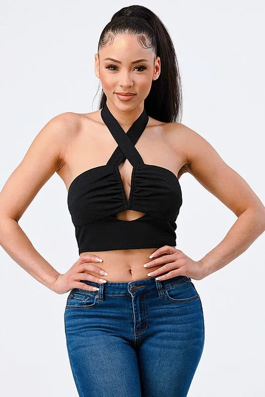 PT41863N-W / LUX KNIT KEYHOLE HALTER CROP TOP sold by privy