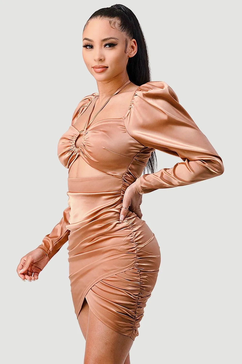STRETCH HEAVY SATIN FRONT TIE RUCHED DRESS sold by privy product image thumbnail 2