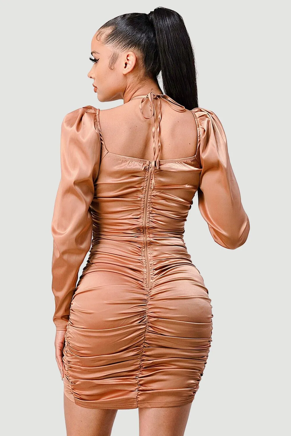 STRETCH HEAVY SATIN FRONT TIE RUCHED DRESS sold by privy product image thumbnail 3