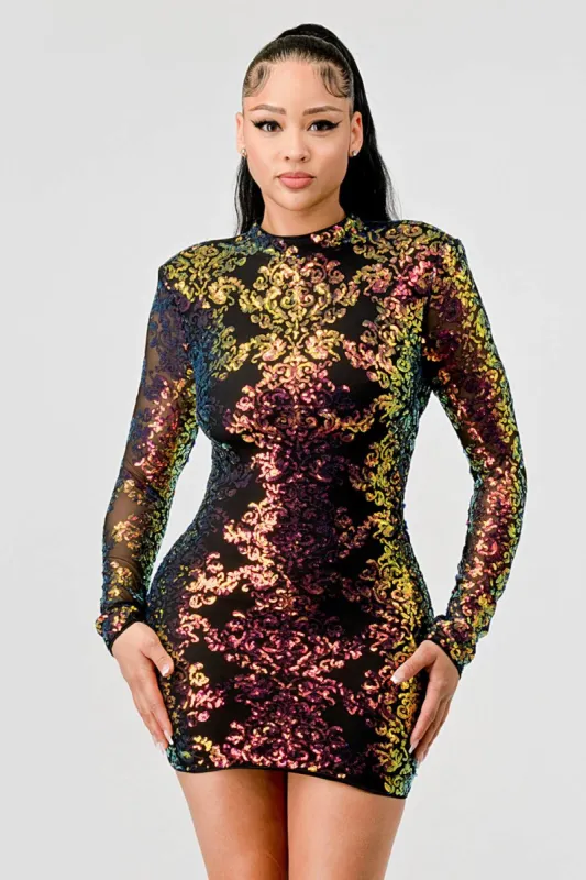 LUXE SEQUINS OPEN BACK LONG SLV BODYCON MINI DRESS sold by privy