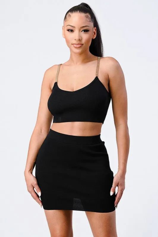 CHAIN SHOULDER DETAIL RIBBED CROP TOP sold by privy