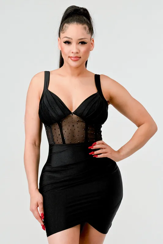 LUXE RUCHED SWEETHEART RHINESTONE MESH MINI DRESS sold by privy