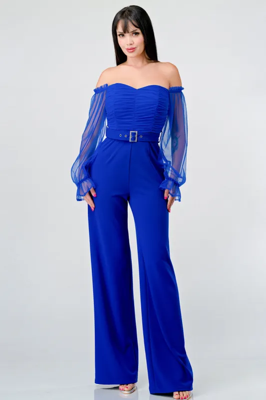 LUX SEE-THRU OFF SHOULDER RHINESTONE BELT JUMPSUIT sold by privy