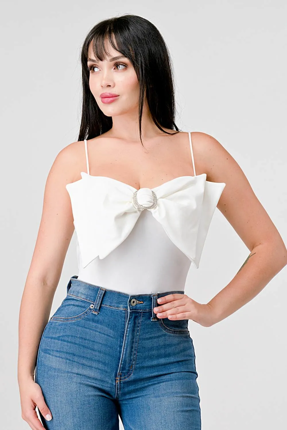 PRETTY EMBELLISHED BOW NYLON PONTE BODYSUIT TOP sold by privy product image thumbnail 4