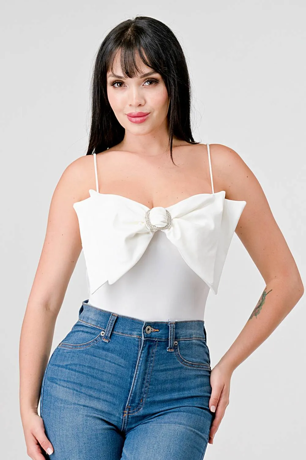 PRETTY EMBELLISHED BOW NYLON PONTE BODYSUIT TOP sold by privy