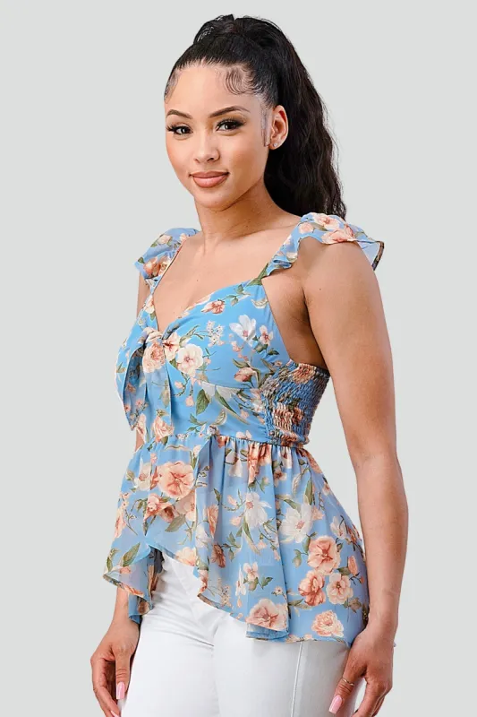PT42111K-W / FLORAL KNOT TIE SWEETHEART FLUTTER RUFFLED TOP sold by privy