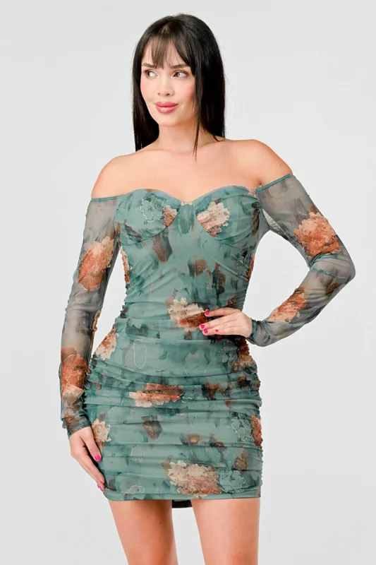 FLORAL GOLD METALLIC MESH OFF SHOULDER MINI DRESS sold by privy