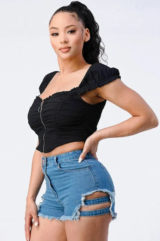 CHIC RUCHED WOVEN ZIP-UP CROPPED TOP sold by privy
