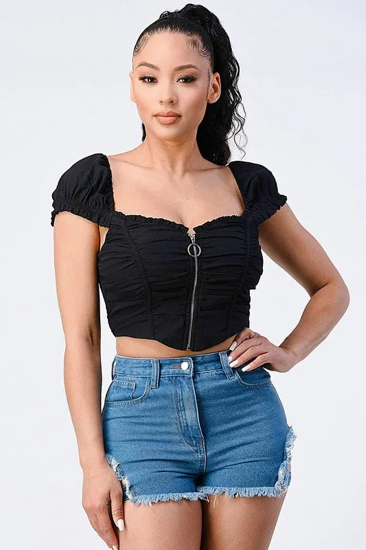 CHIC RUCHED WOVEN ZIP-UP CROPPED TOP sold by privy product image thumbnail 2