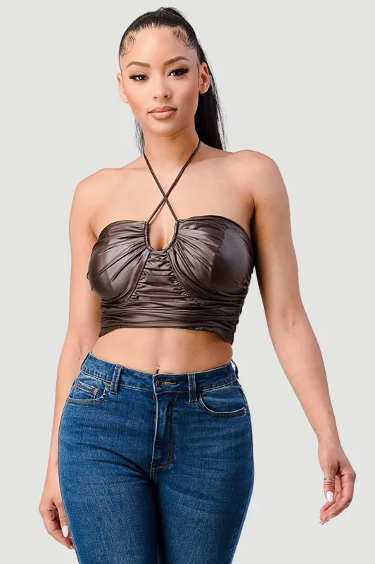 PT41555B-W / SEXY STRETCH COATED KNIT RUCHED HALTER CROP TOP sold by privy