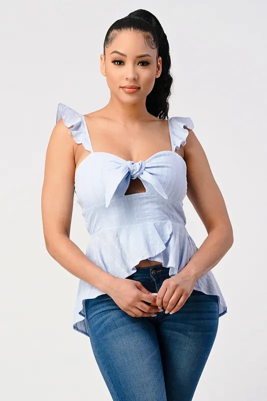 COTTON RUFFLED KNOT TIE HEART FLUTTER SLEEVES TOP sold by privy