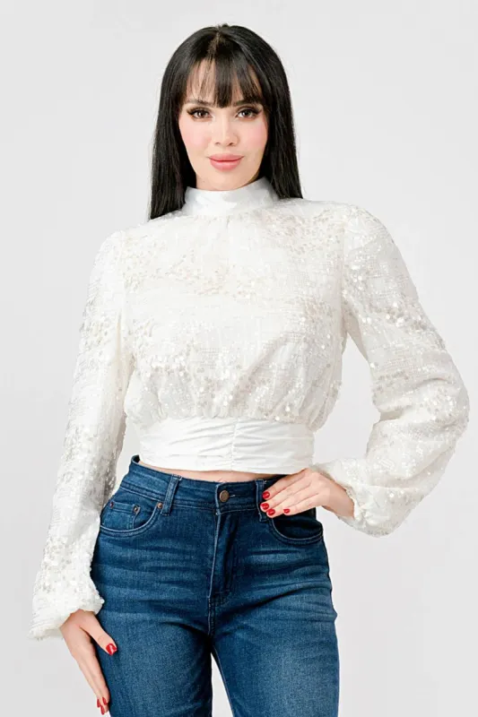 LUXE SEQUINS TEXTURE SATIN OPEN BACK TIE CROP TOP sold by privy