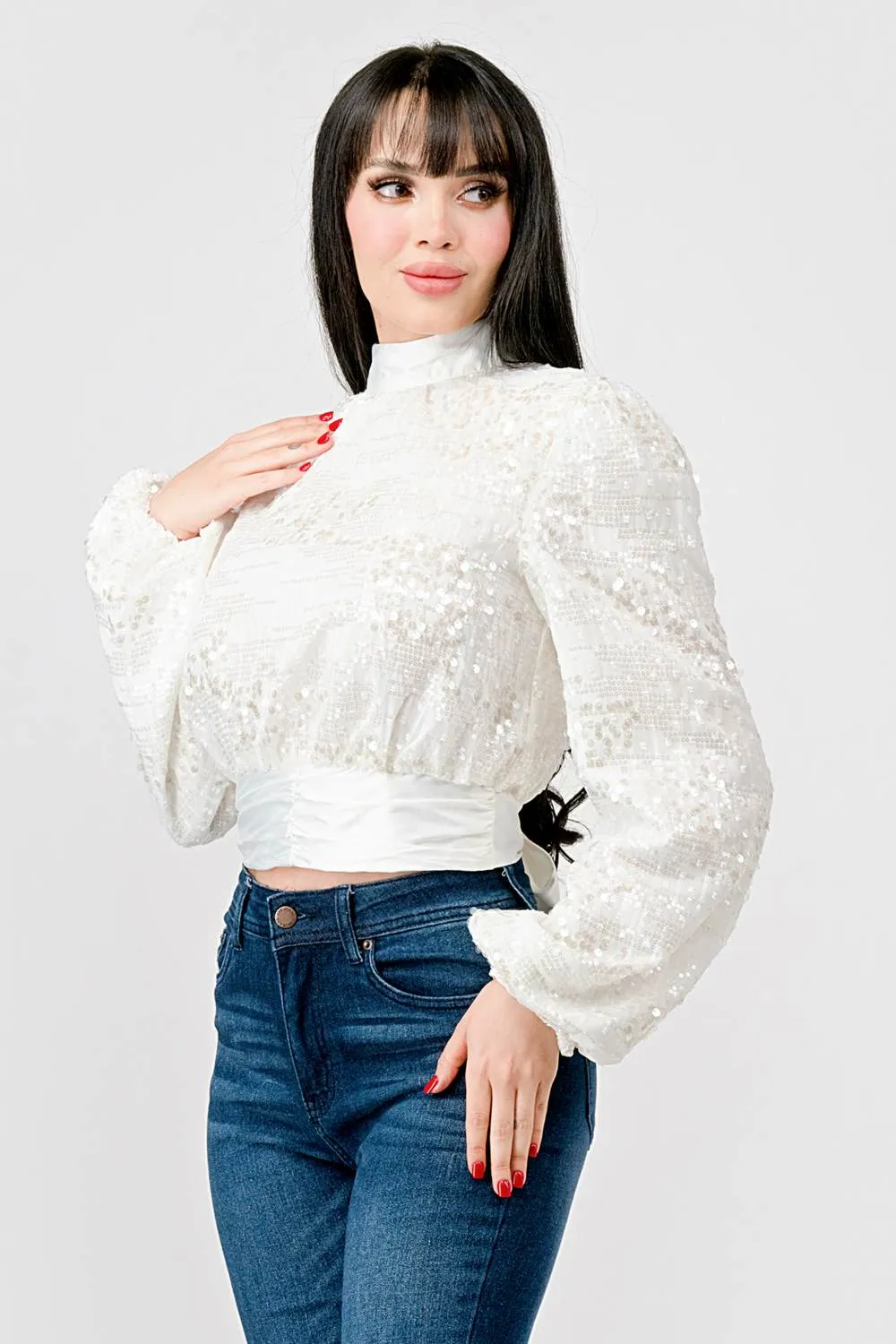 LUXE SEQUINS TEXTURE SATIN OPEN BACK TIE CROP TOP sold by privy product image thumbnail 2