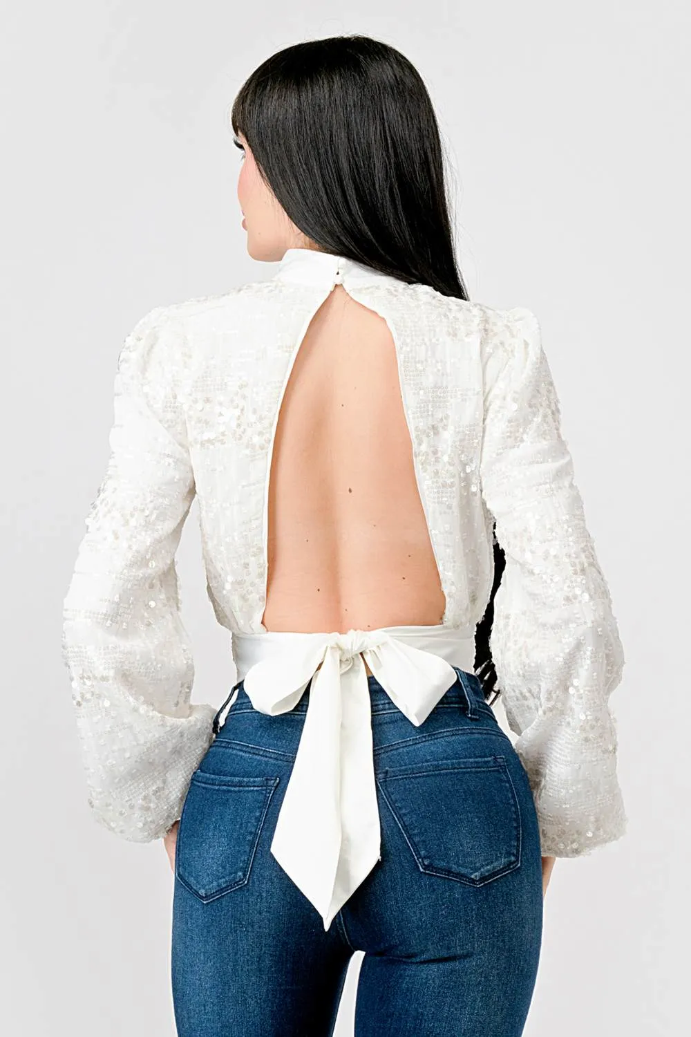 LUXE SEQUINS TEXTURE SATIN OPEN BACK TIE CROP TOP sold by privy product image thumbnail 3