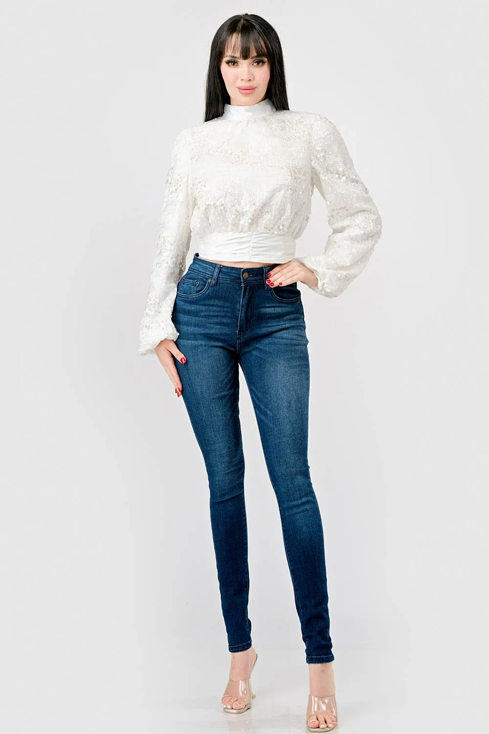 LUXE SEQUINS TEXTURE SATIN OPEN BACK TIE CROP TOP sold by privy product image thumbnail 4