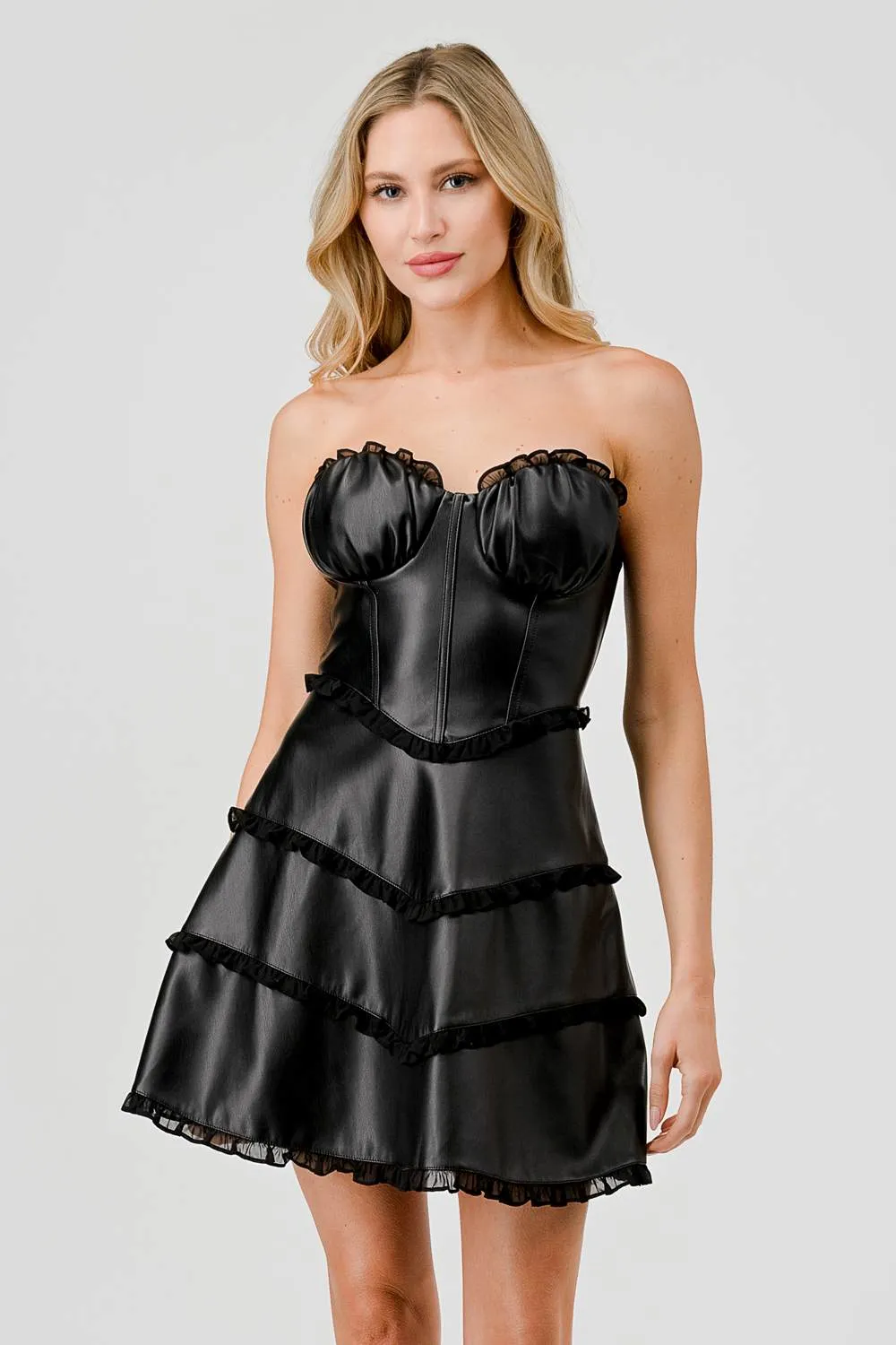 AD3717K / FAUX LEATHER WITH CHIFFON RUFFLE TRIM MINI DRESS sold by privy