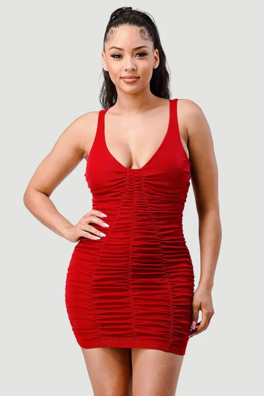 PD72359N-W / NLUX GLITTER RUCHED BODYCON MINI DRESS sold by privy