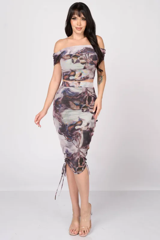 ENCHANTING PRINTED MESH CROP TOP & MIDI SKIRT SETS sold by privy