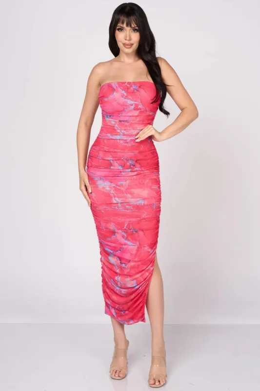 LUXE MARBLE PRINT MESH RUCHED SLIT TUBE MAXI DRESS sold by privy