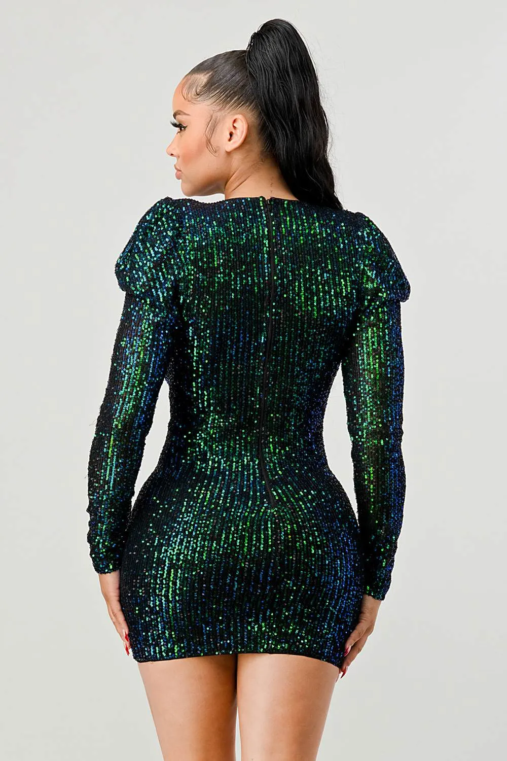 PD72820N-W / SEXY SEQUINS DEEP V-NECK GIGOT SLEEVE MINI DRESS sold by privy product image thumbnail 3