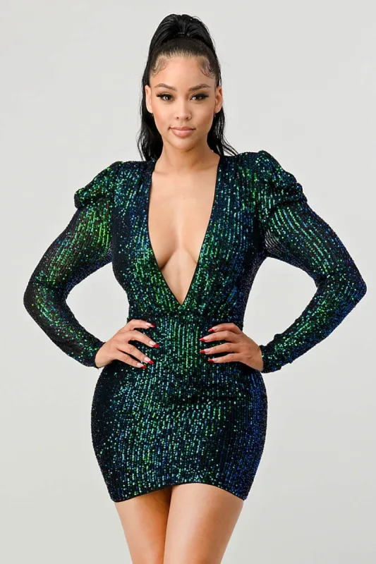 PD72820N-W / SEXY SEQUINS DEEP V-NECK GIGOT SLEEVE MINI DRESS sold by privy