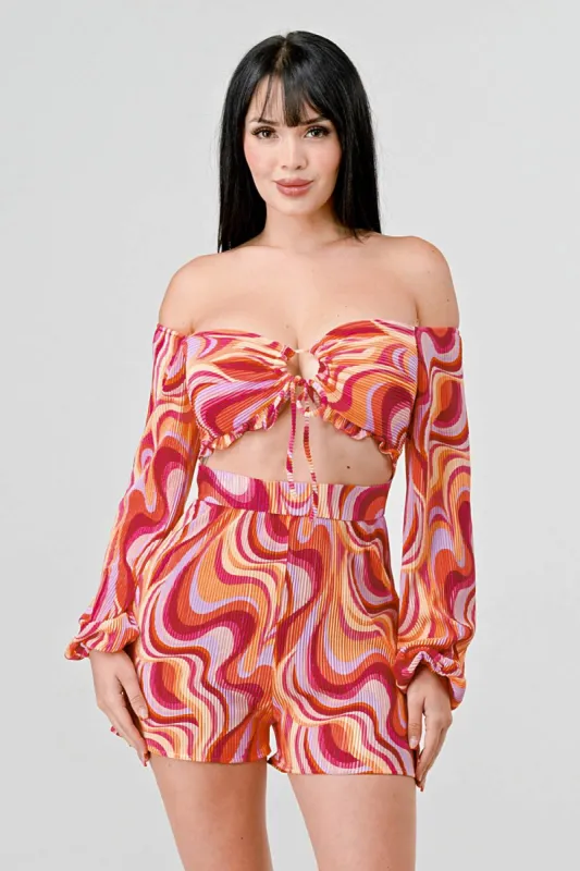 PJ10647N-W / SHINY PLEATED OFF THE SHOULDER PRINTED ROMPER sold by privy