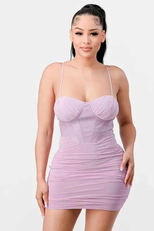 LUX MESH SWEETHEART PU CONTRAST RUCHED DRESS sold by privy