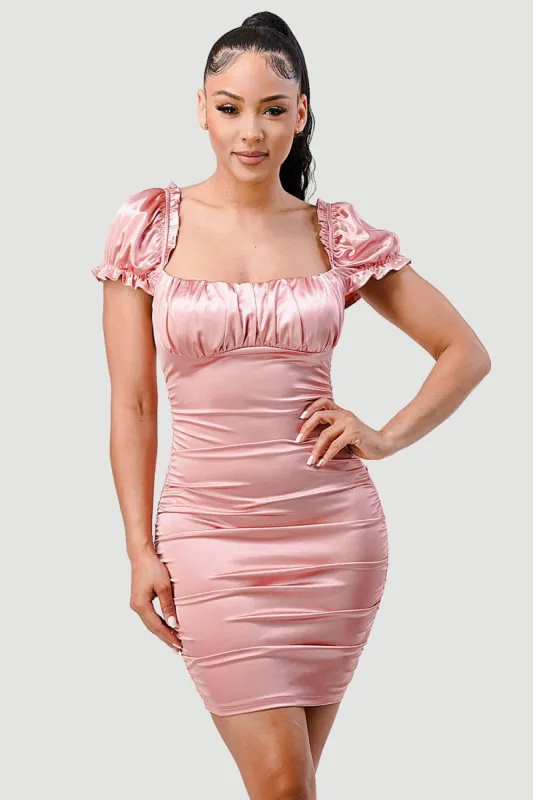 LUXE SATIN RUCHED SQUARE NECK BODYCON MINI DRESS sold by privy