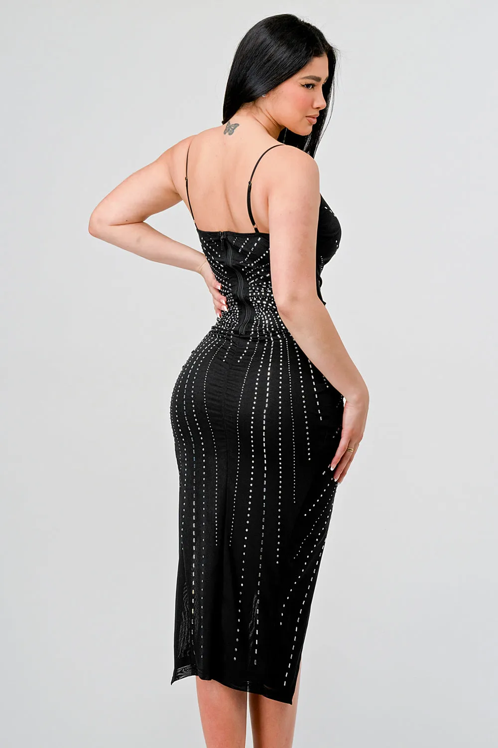 MESH RHINESTONE DETAIL FRONT SLIT MIDI DRESS sold by privy product image thumbnail 4