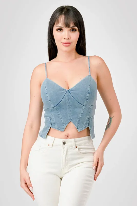 SUPER STRETCH WASHED DENIM SWEETHEART BUSTIER TOP sold by privy