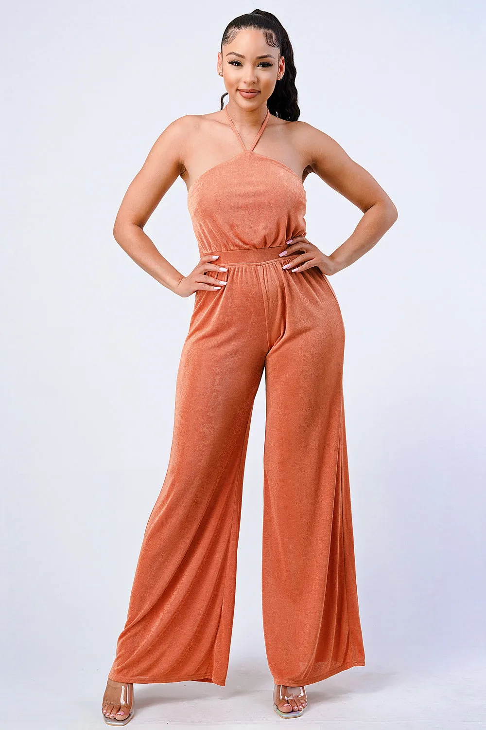 LUX HALTER NECK WIDE LEGS JUMPSUIT sold by privy
