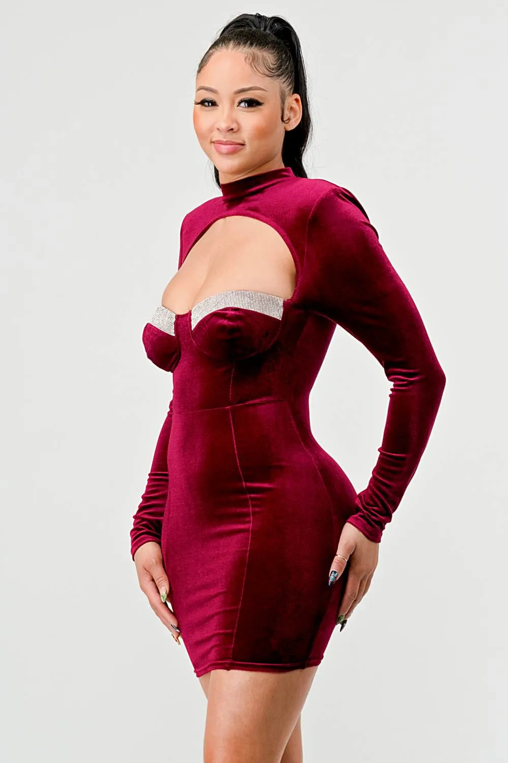 LUX VELVET RHINESTONE SWEETHEART CUTOUT MINI DRESS sold by privy product image thumbnail 2