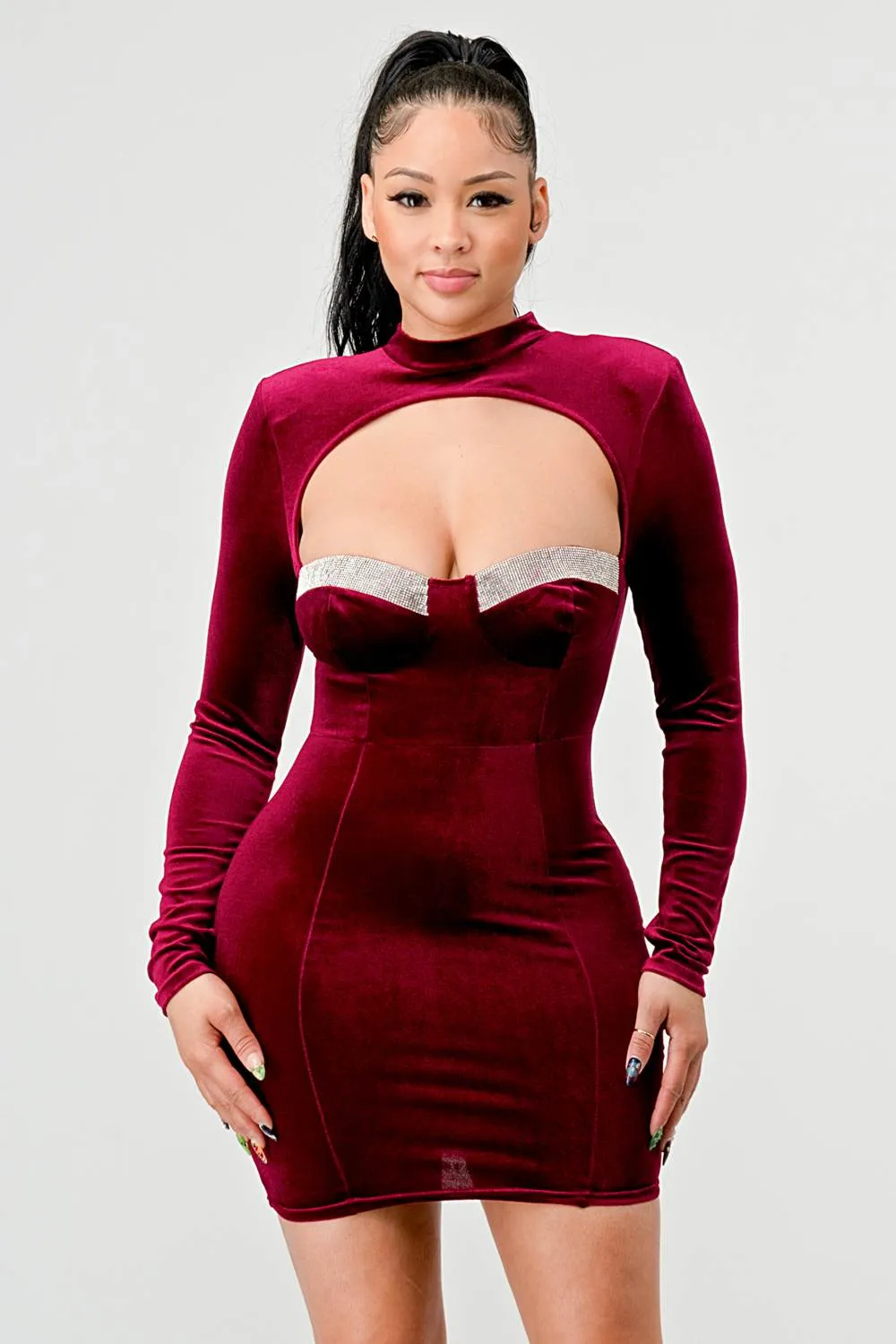LUX VELVET RHINESTONE SWEETHEART CUTOUT MINI DRESS sold by privy