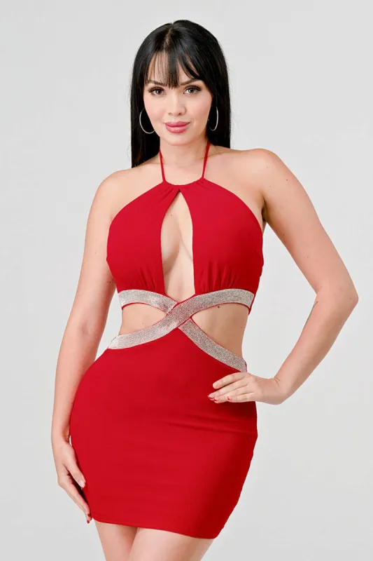 RHINESTONE TRIM CUTOUTS HALTER NECK MINI DRESS sold by privy