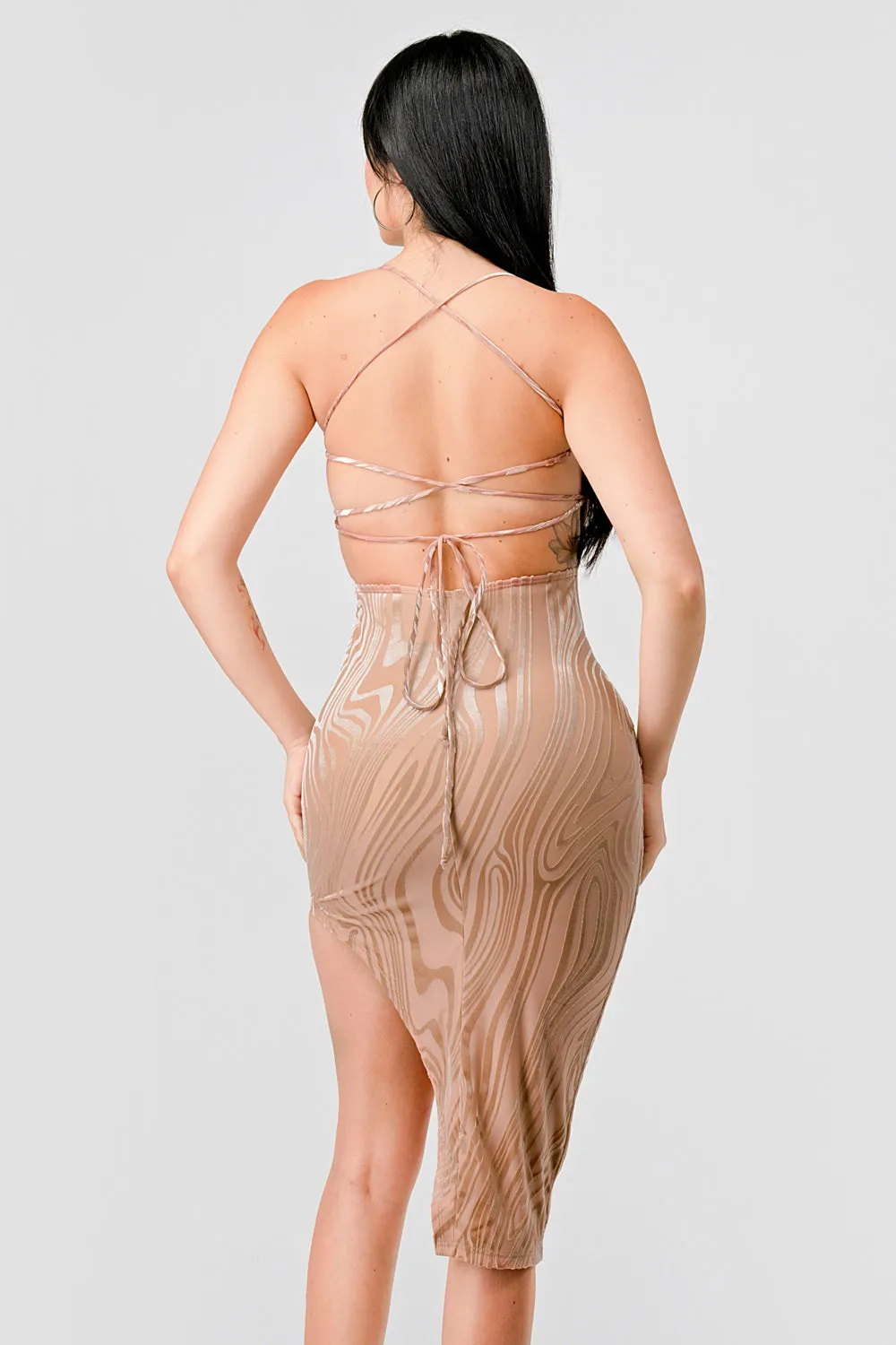 LUXE MESH VELVET DRAWSTRING LACE BACK MIDI DRESS sold by privy product image thumbnail 4