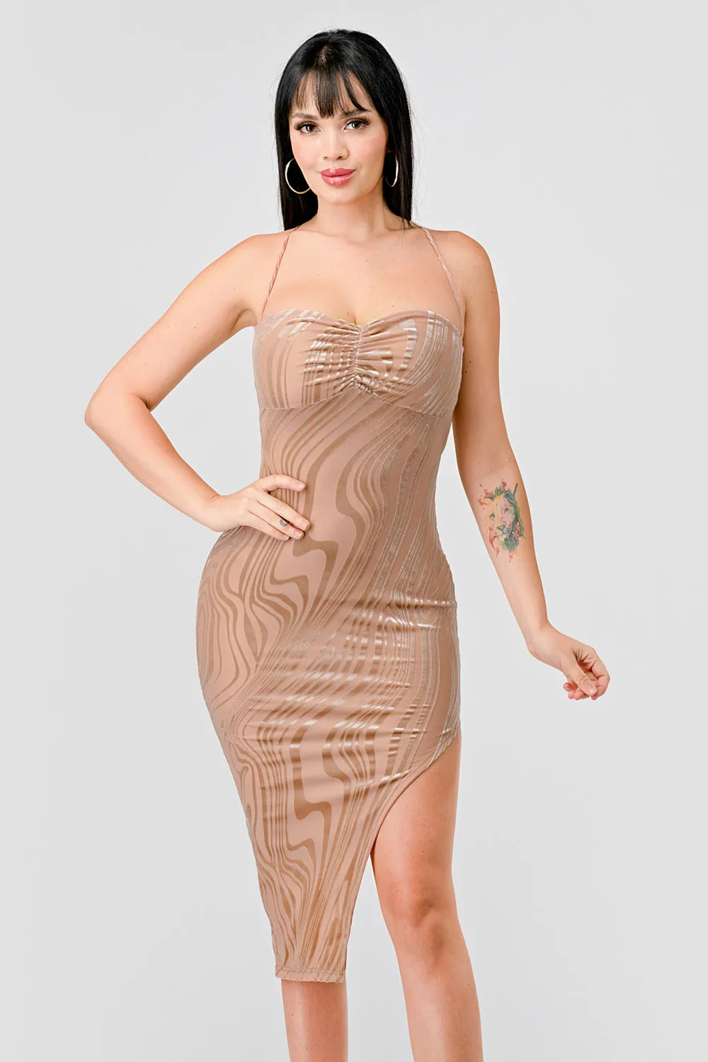 LUXE MESH VELVET DRAWSTRING LACE BACK MIDI DRESS sold by privy product image thumbnail 2