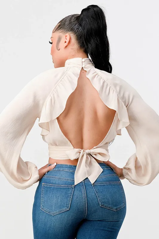 LUX SHEER RUFFLED OPEN BACK TIE BLOUSE TOP sold by privy