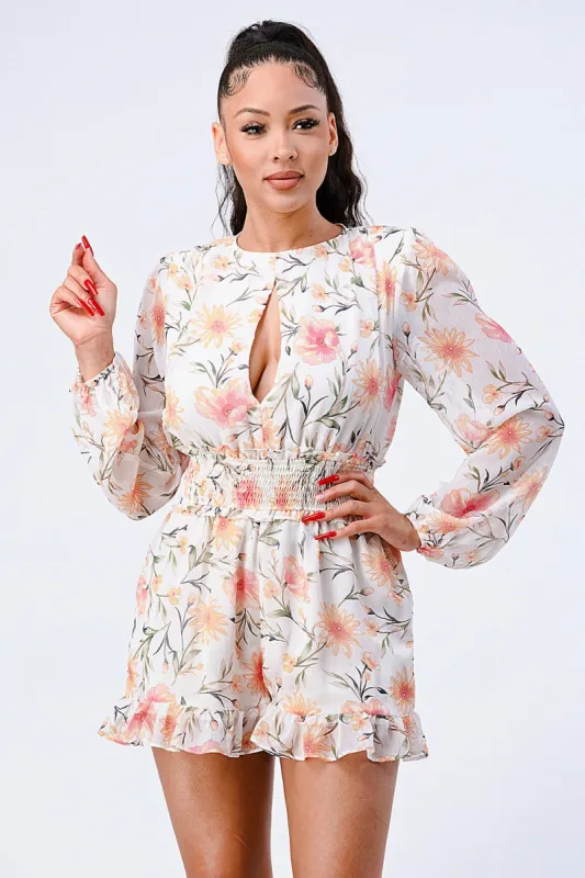 PJ10495K-W / FLORAL SMOCKED KEYHOLE RUFFLED ROMPER sold by privy