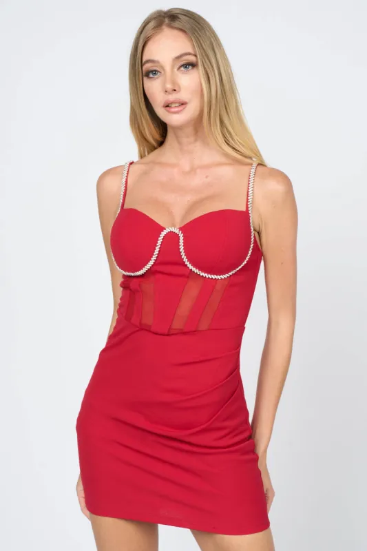 LUXE RHINESTONE TRIM STRAPS SWEETHEART MINI DRESS sold by privy