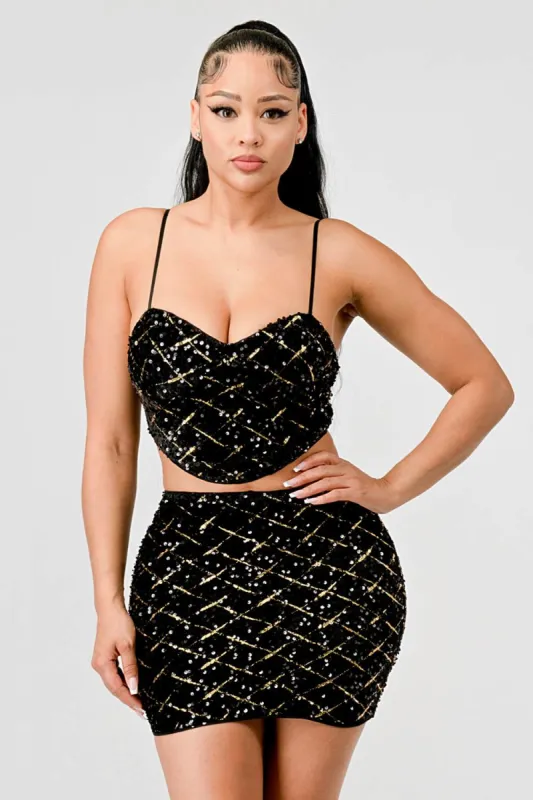 LUXE DIAMON SEQUINS VELVET BUSTIER TOP & SKIRT SET sold by privy