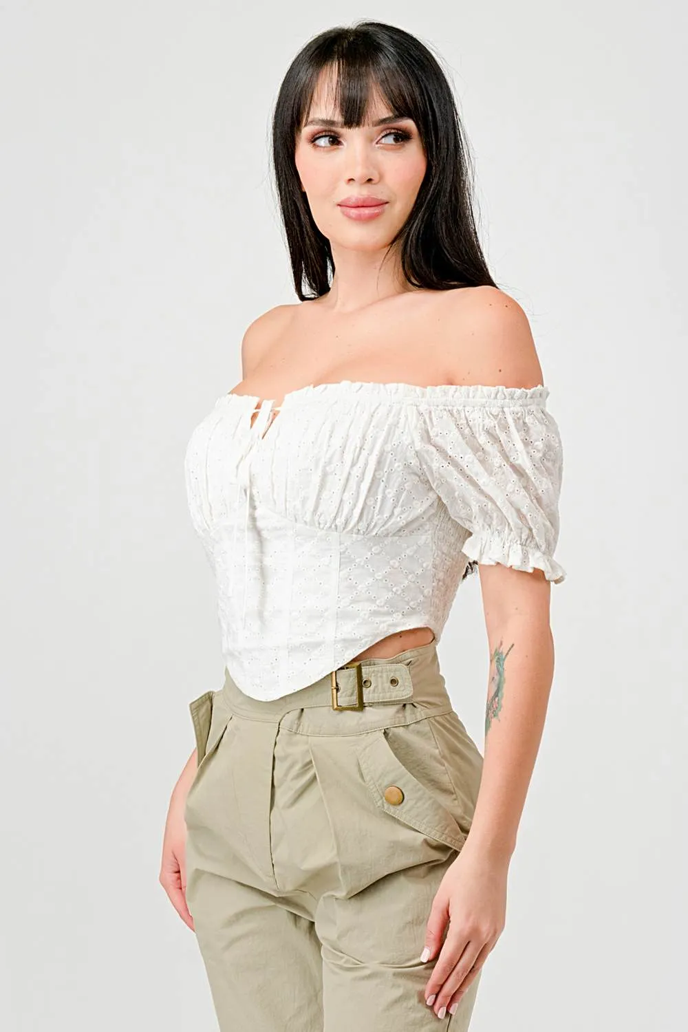 EYELET WOVEN RUFFLED OFF SHOULDER CROPPED TOP sold by privy product image thumbnail 3