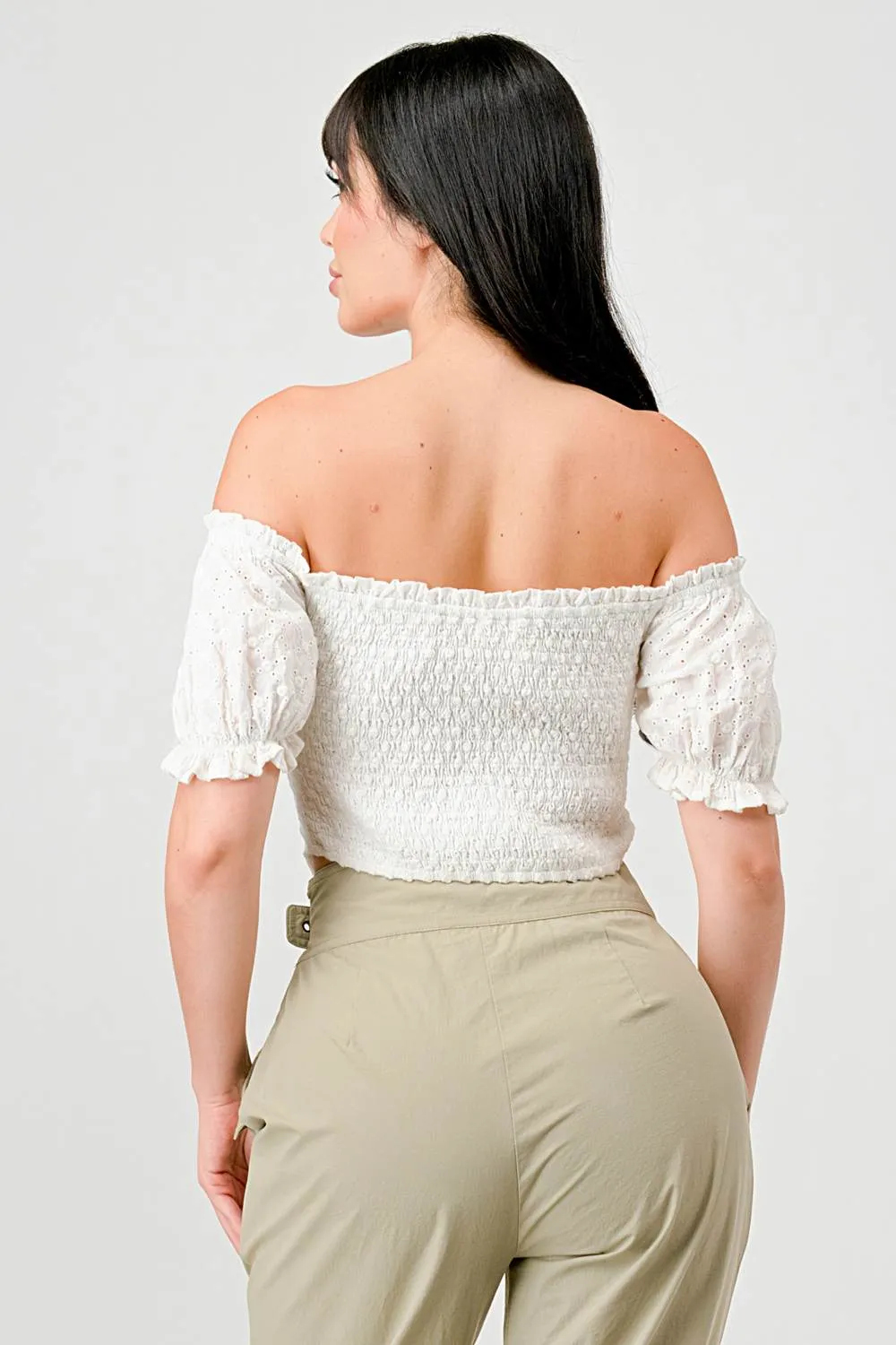 EYELET WOVEN RUFFLED OFF SHOULDER CROPPED TOP sold by privy product image thumbnail 4