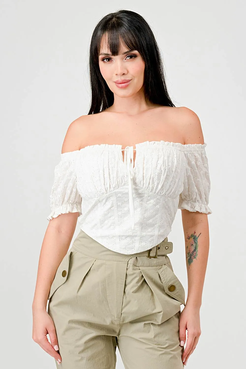 EYELET WOVEN RUFFLED OFF SHOULDER CROPPED TOP sold by privy