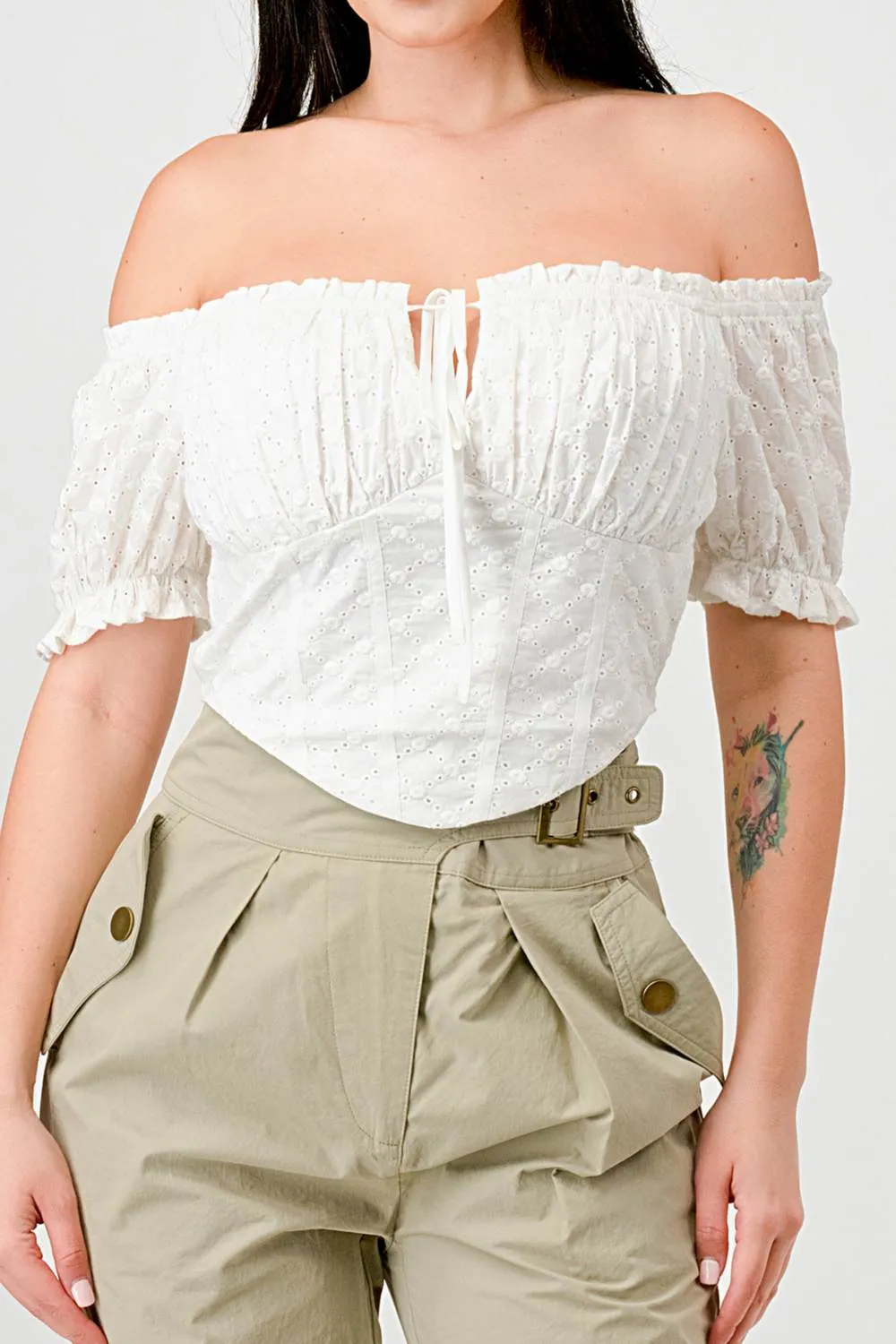 EYELET WOVEN RUFFLED OFF SHOULDER CROPPED TOP sold by privy product image thumbnail 5