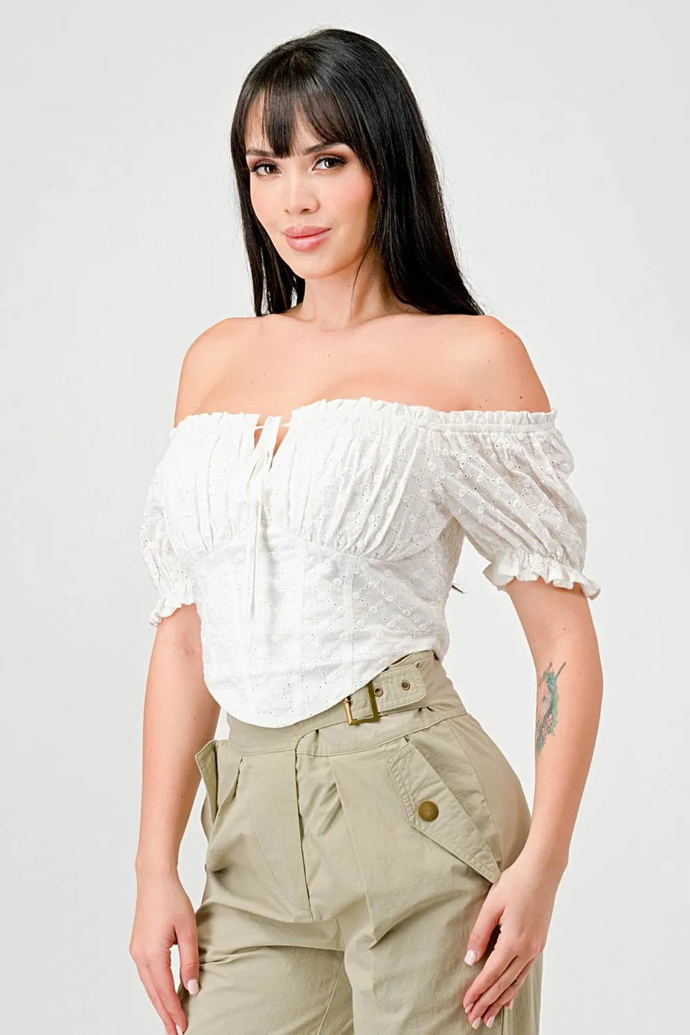 EYELET WOVEN RUFFLED OFF SHOULDER CROPPED TOP sold by privy product image thumbnail 2