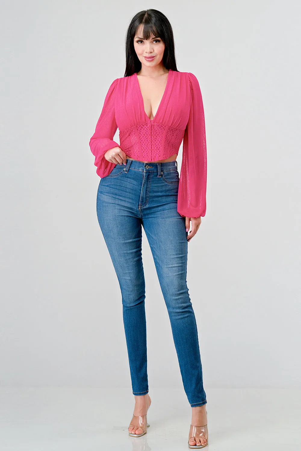 LUXE MESH V NECK SEE-THRU LONG SLEEVE BLOUSE sold by privy product image thumbnail 5