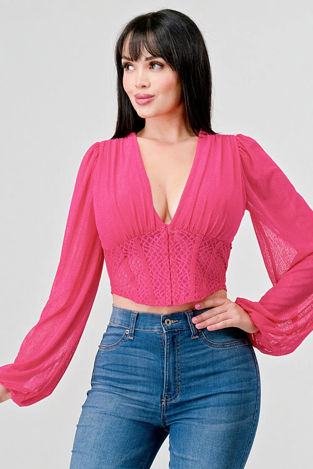 LUXE MESH V NECK SEE-THRU LONG SLEEVE BLOUSE sold by privy product image thumbnail 4