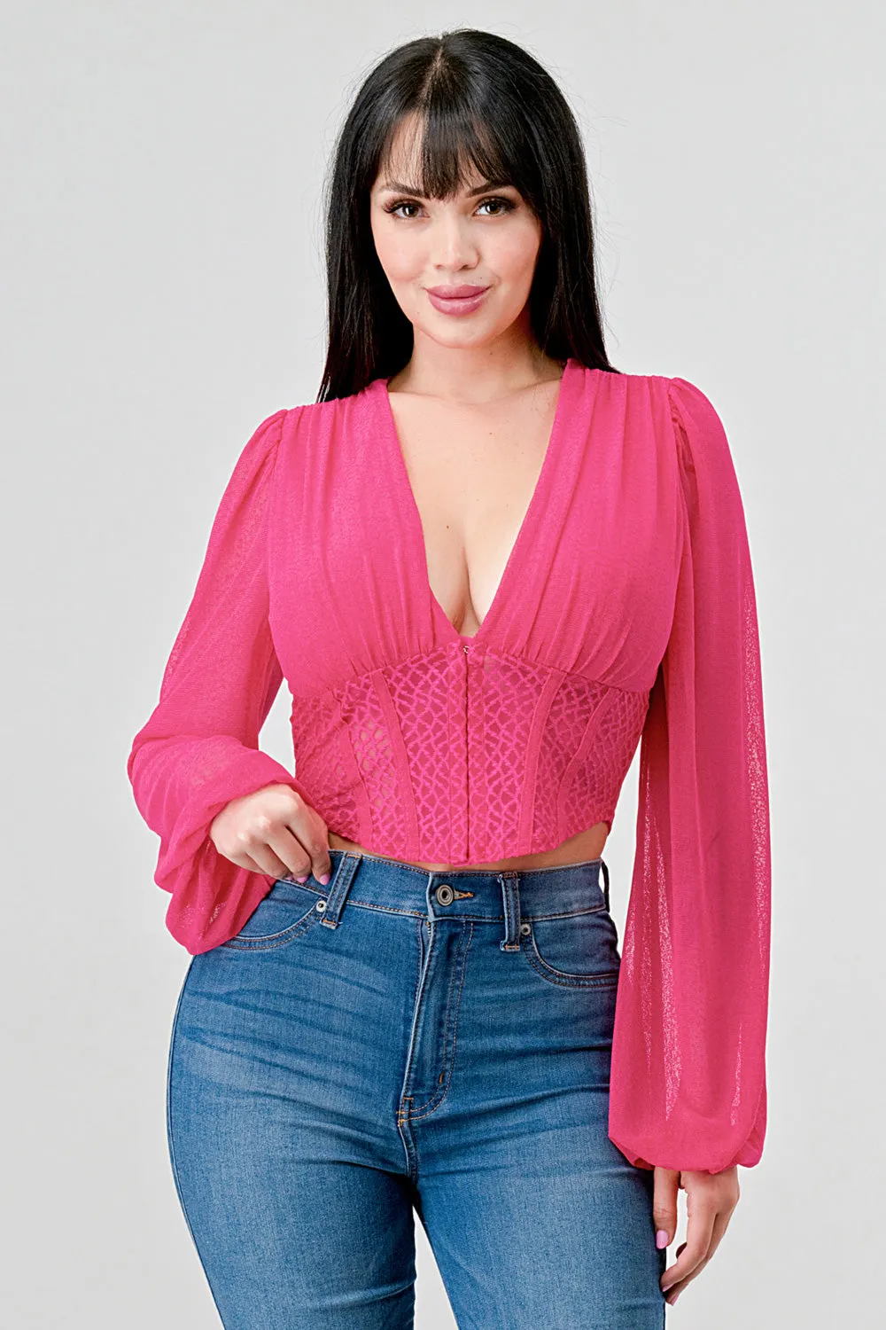 LUXE MESH V NECK SEE-THRU LONG SLEEVE BLOUSE sold by privy