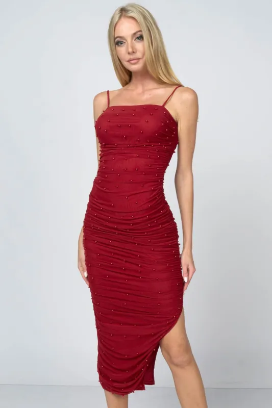 LUXE PEARL MESH RUCHED BODYCON SLITTED MIDI DRESS sold by privy