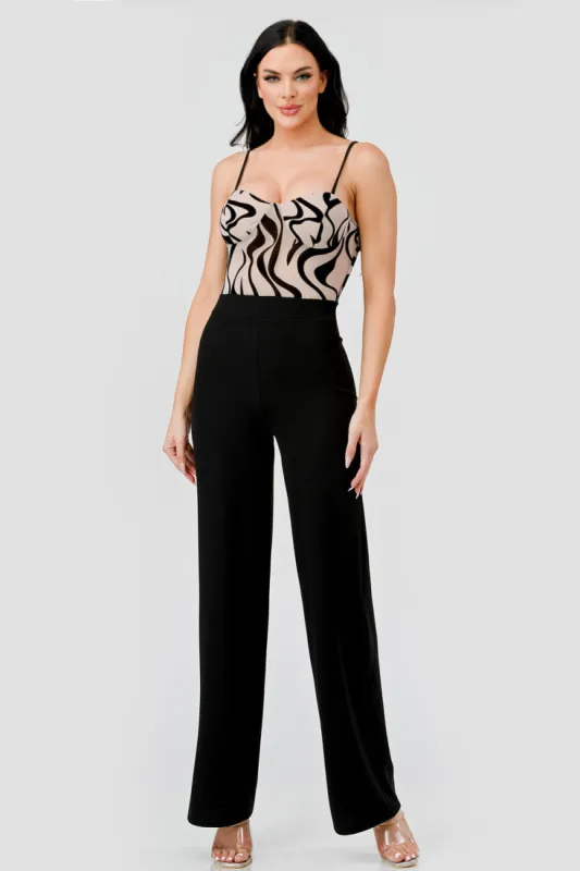 LUXE MESH VELVET FLOCKING BUSTIER CREPE JUMPSUIT sold by privy